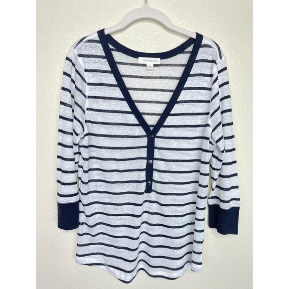 Treasure & Bond Large Striped Henley Top Navy Blue Button Front V-Neck Linen - Picture 2 of 6